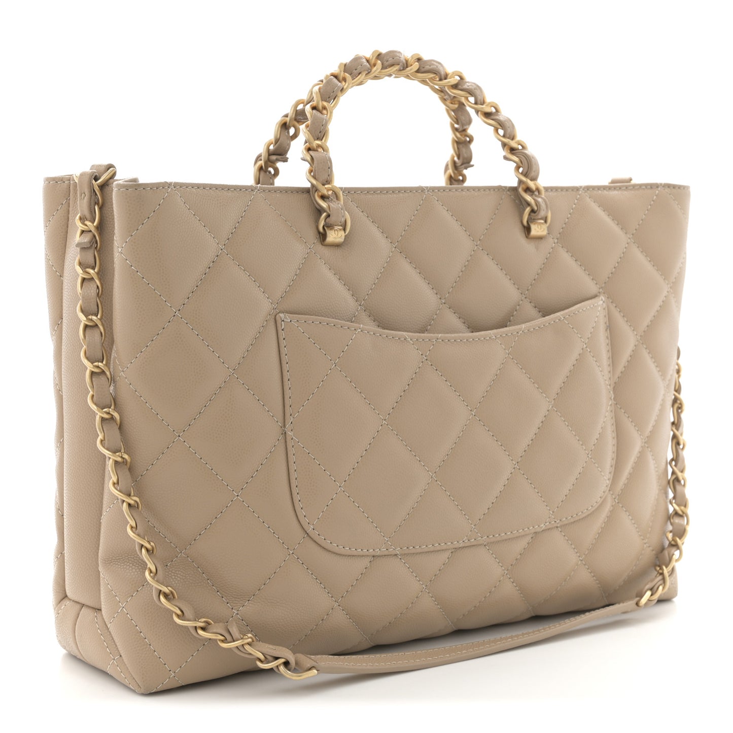 Shiny Caviar Quilted Chain Handle Shopping Tote Beige