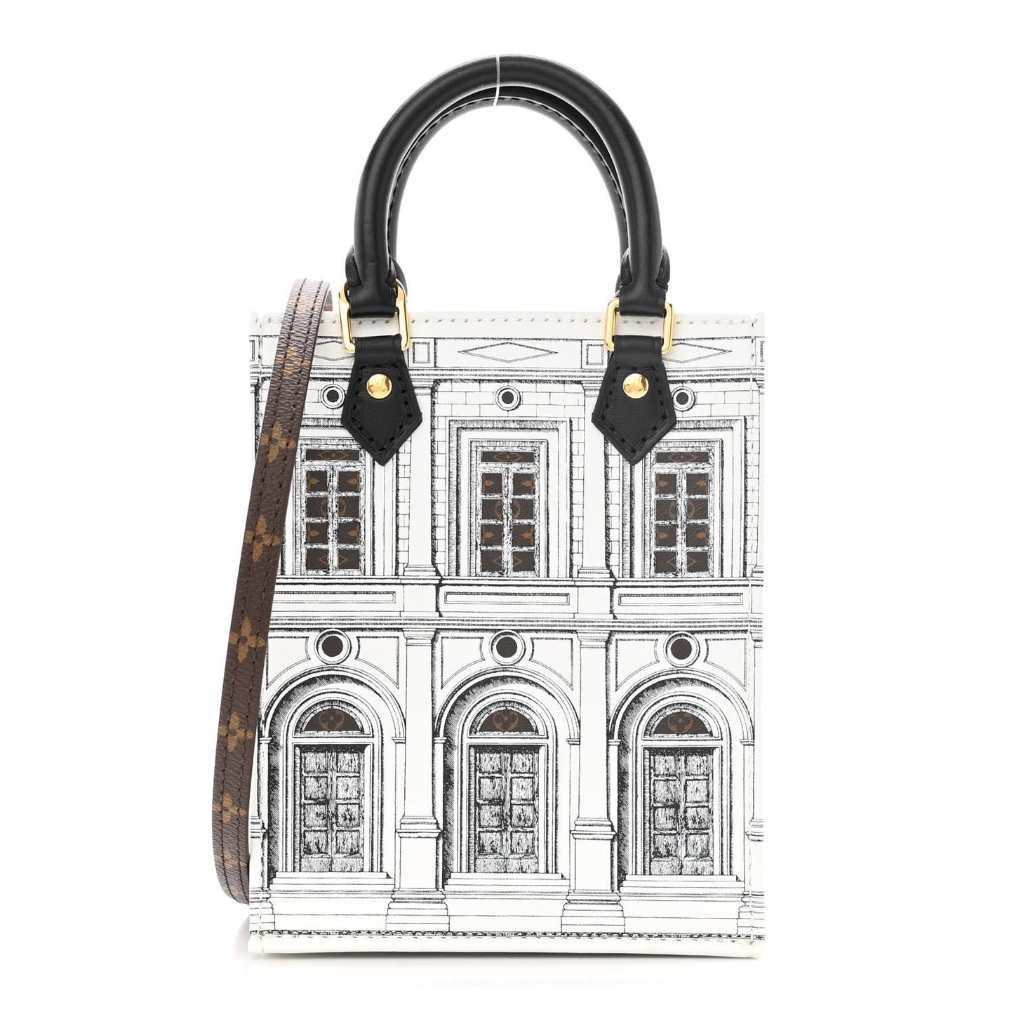 X FORNASETTI Calfskin Architettura Petit Sac Plat Black White
