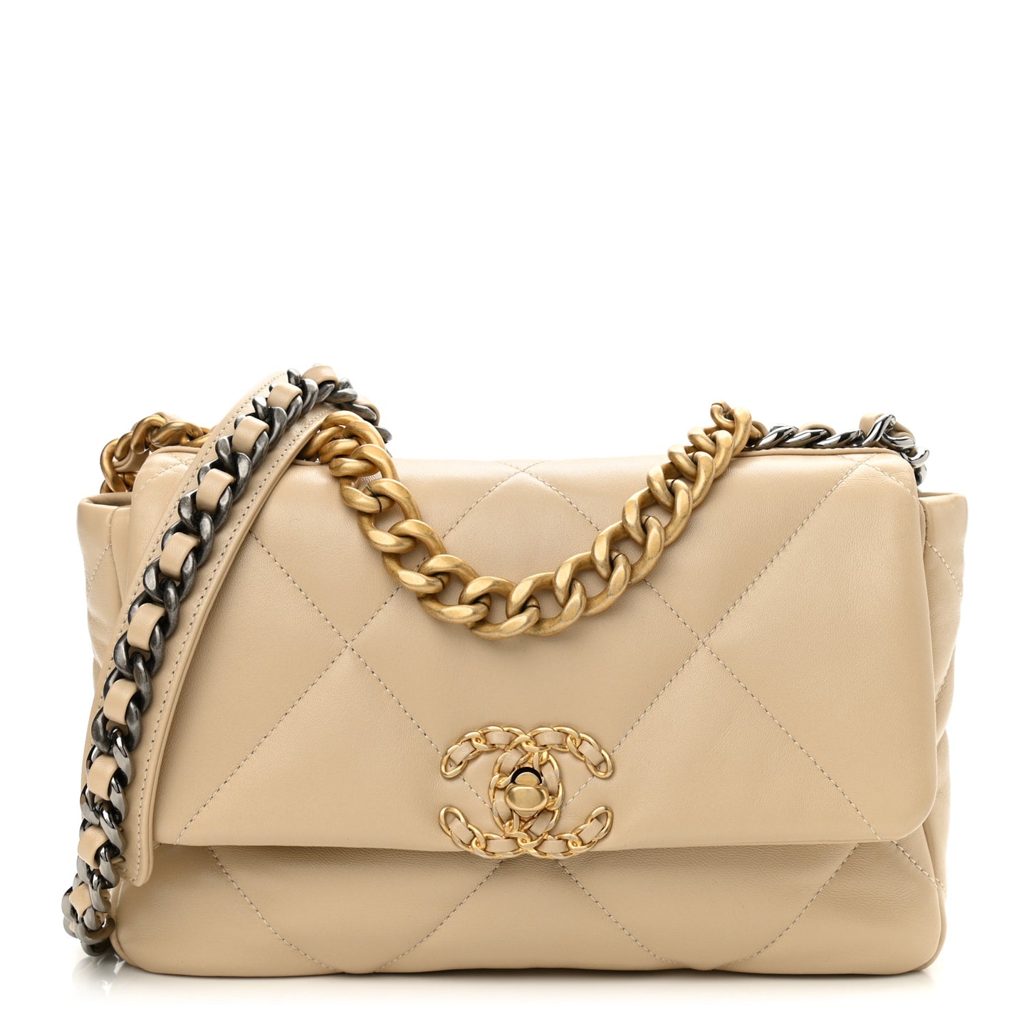 Shiny Goatskin Quilted Medium Chanel 19 Flap Beige