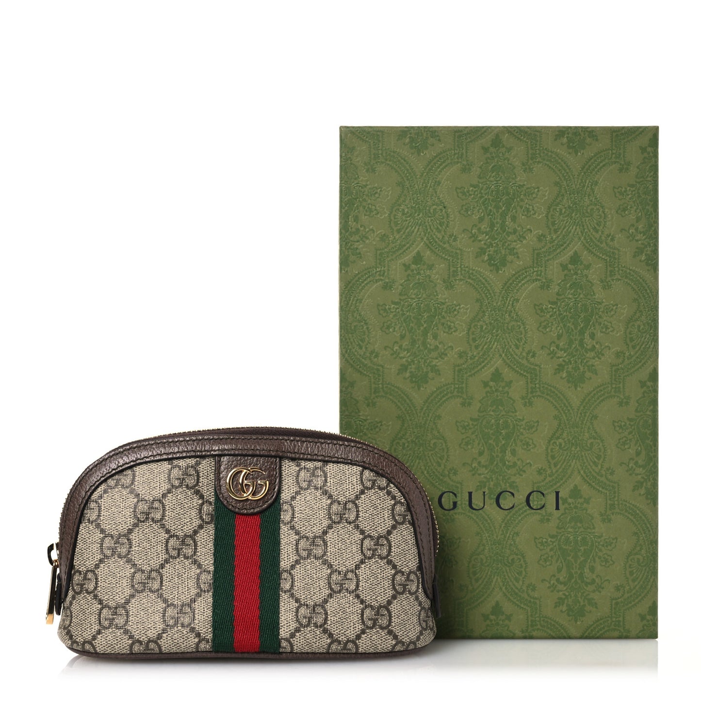 GG Supreme Monogram Textured Calfskin Web Medium Ophidia Cosmetic Case Beige Ebony New Acero