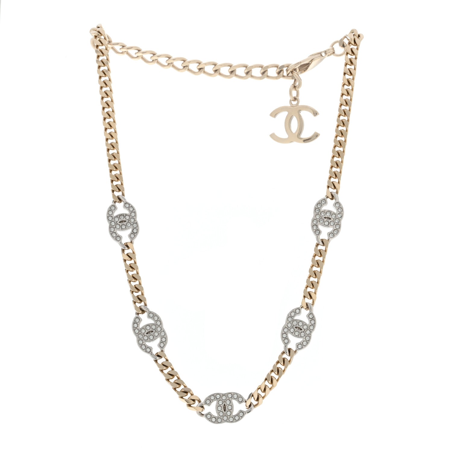 Chanel Crystal Chain CC Link Choker Gold Silver 3 of 4