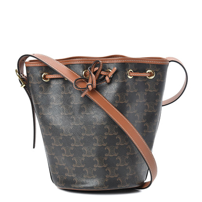 Celine Triomphe Canvas Calfskin Small Drawstring Bucket Bag Tan 1 of 11