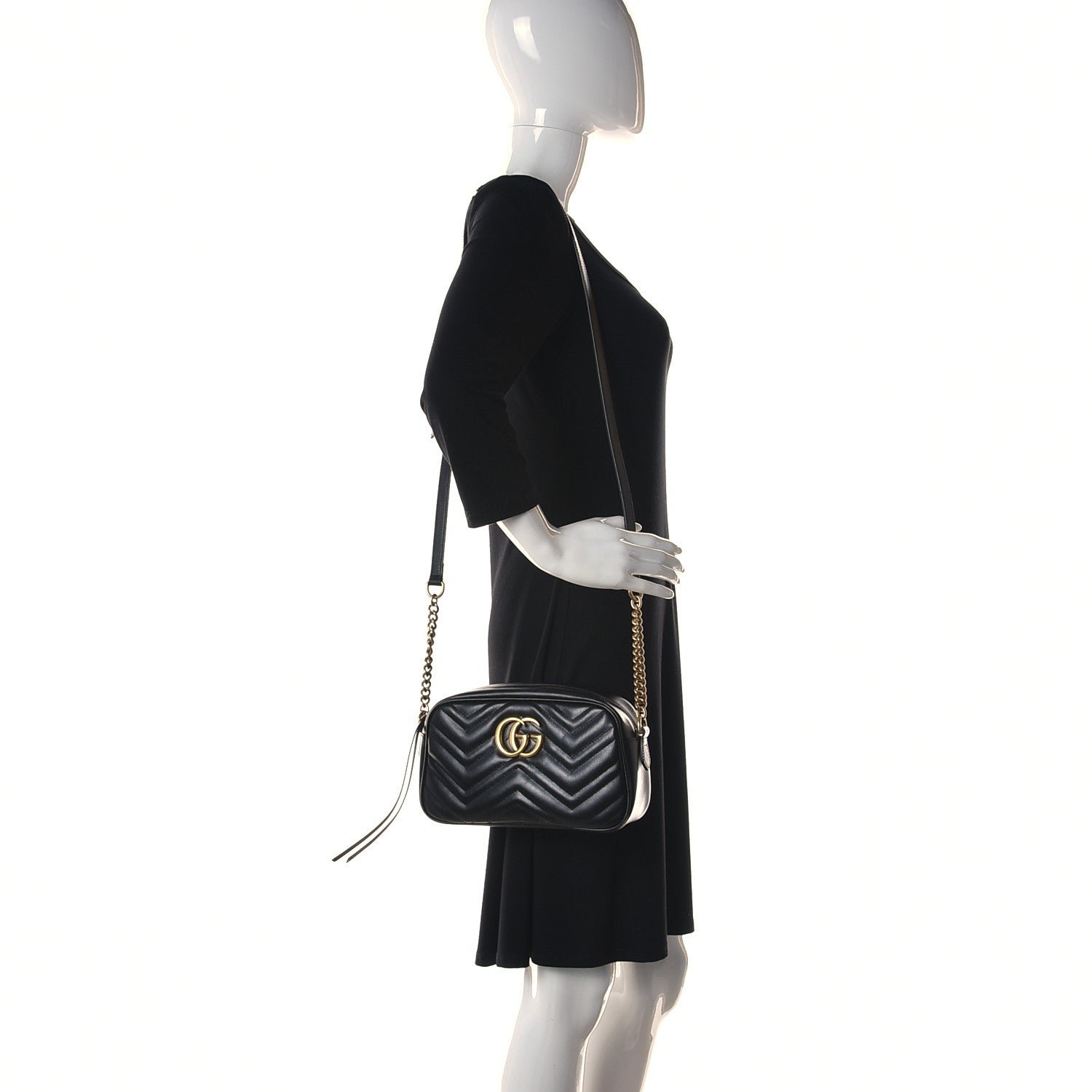 Gucci Calfskin Matelasse Small GG Marmont Chain Shoulder Bag Black 2 of 13