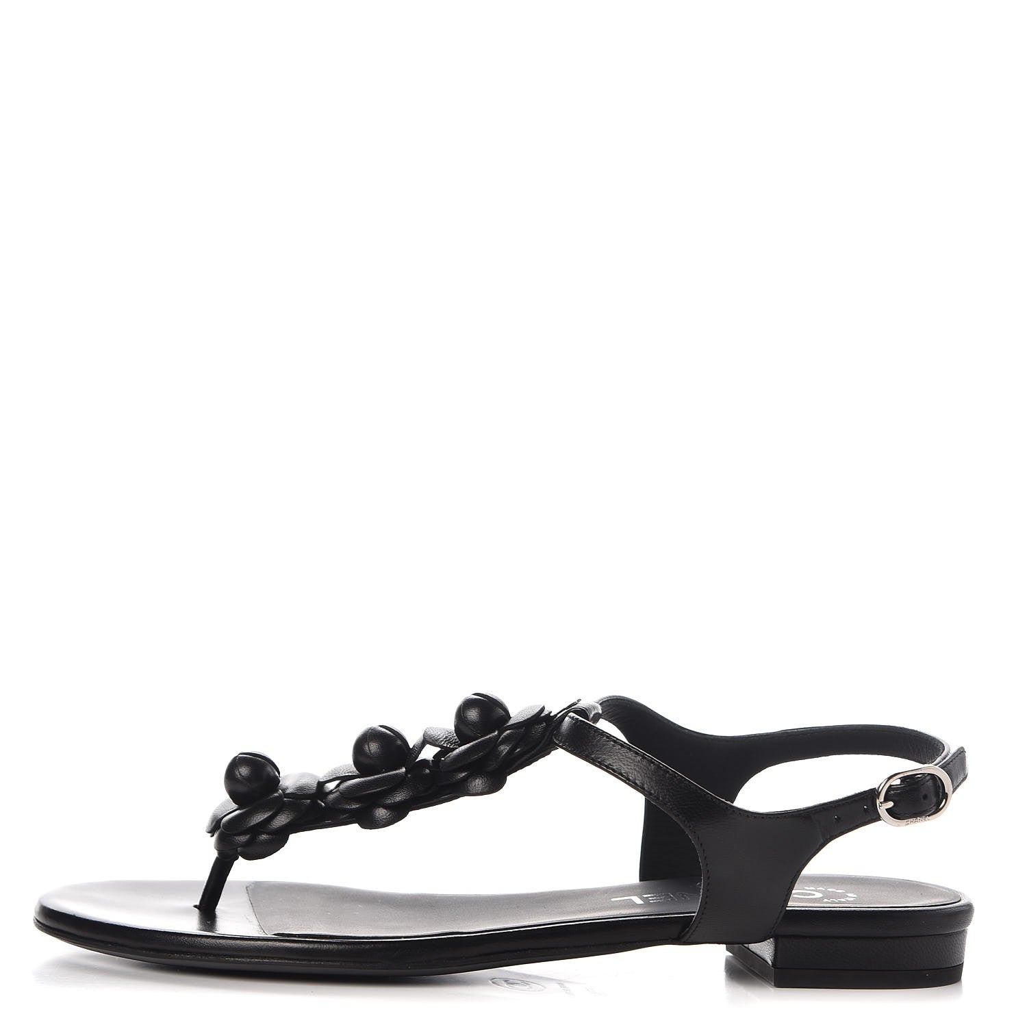 Chanel Lambskin Camellia Thong Sandals 37.5 Black 1 of 9