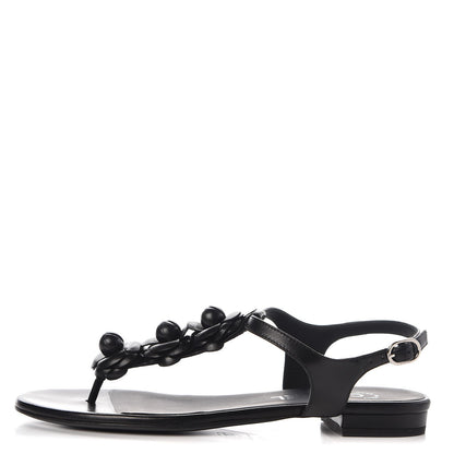 Chanel Lambskin Camellia Thong Sandals 37.5 Black 1 of 9