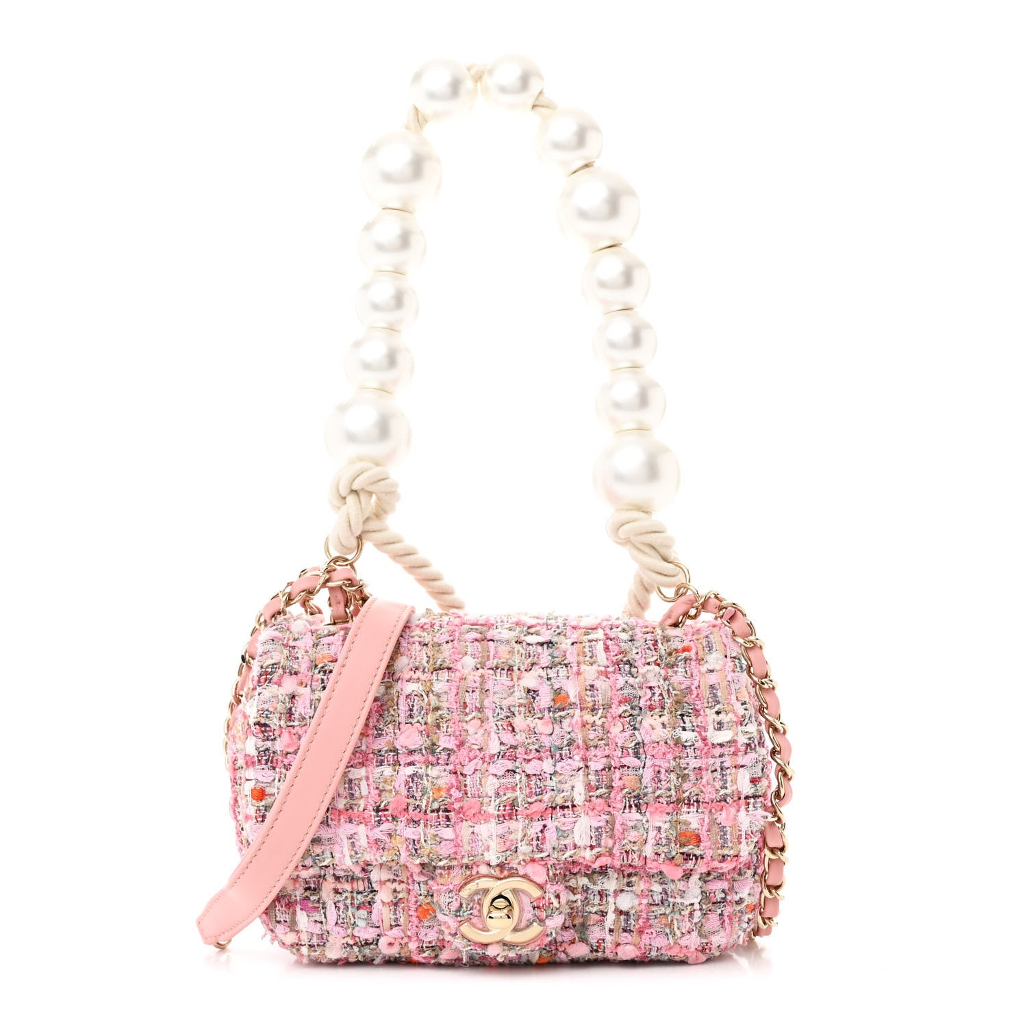 Chanel Tweed Mini Pearl Handle Flap Pink Beige Orange Ecru 1 of 12