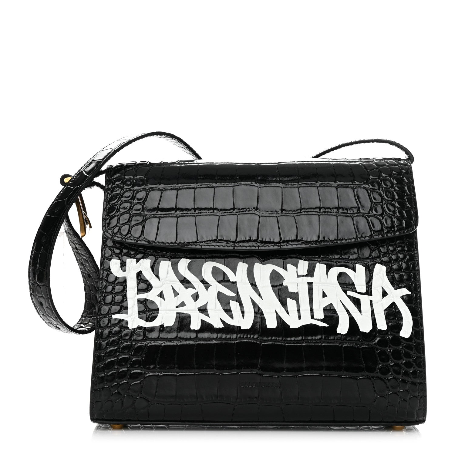 Balenciaga Shiny Calfskin Graffiti Logo Crocodile Embossed Medium Ghost Shoulder Bag Black White 1 of 13