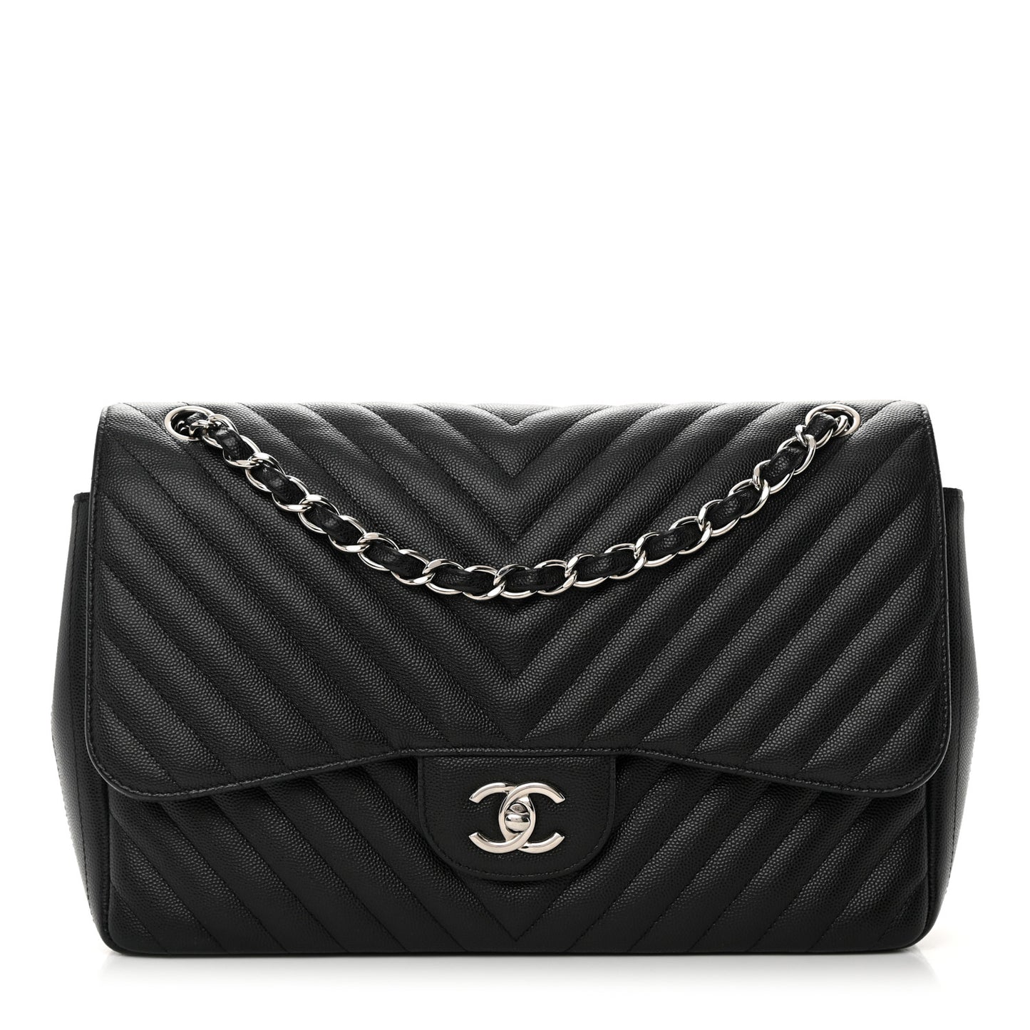 Caviar Chevron Quilted Jumbo Double Flap Black