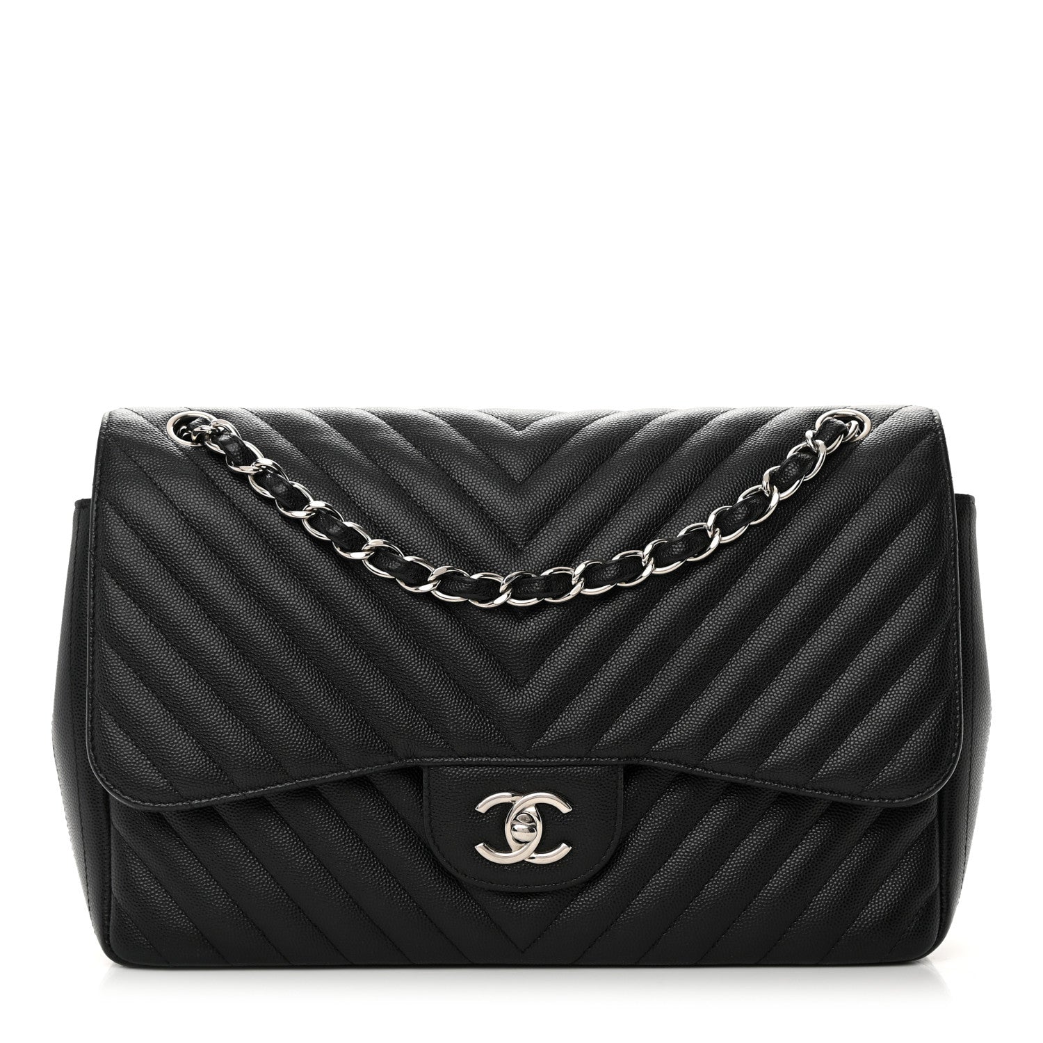 Chanel Caviar Chevron Quilted Jumbo Double Flap Black 1 of 16