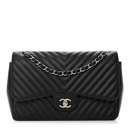 Chanel Caviar Chevron Quilted Jumbo Double Flap Black 1 of 16