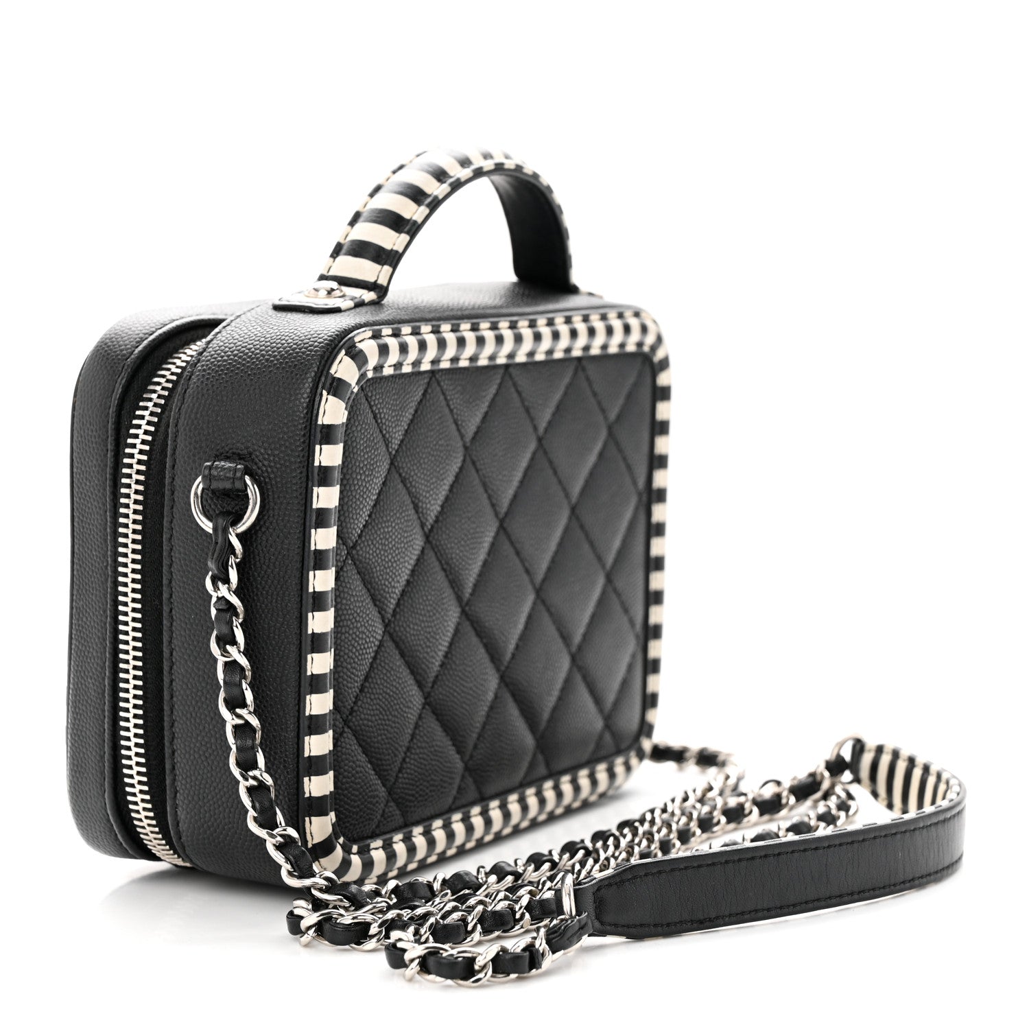 Chanel Caviar Quilted Striped Small CC Filigree Vanity Case Black White 3 of 10