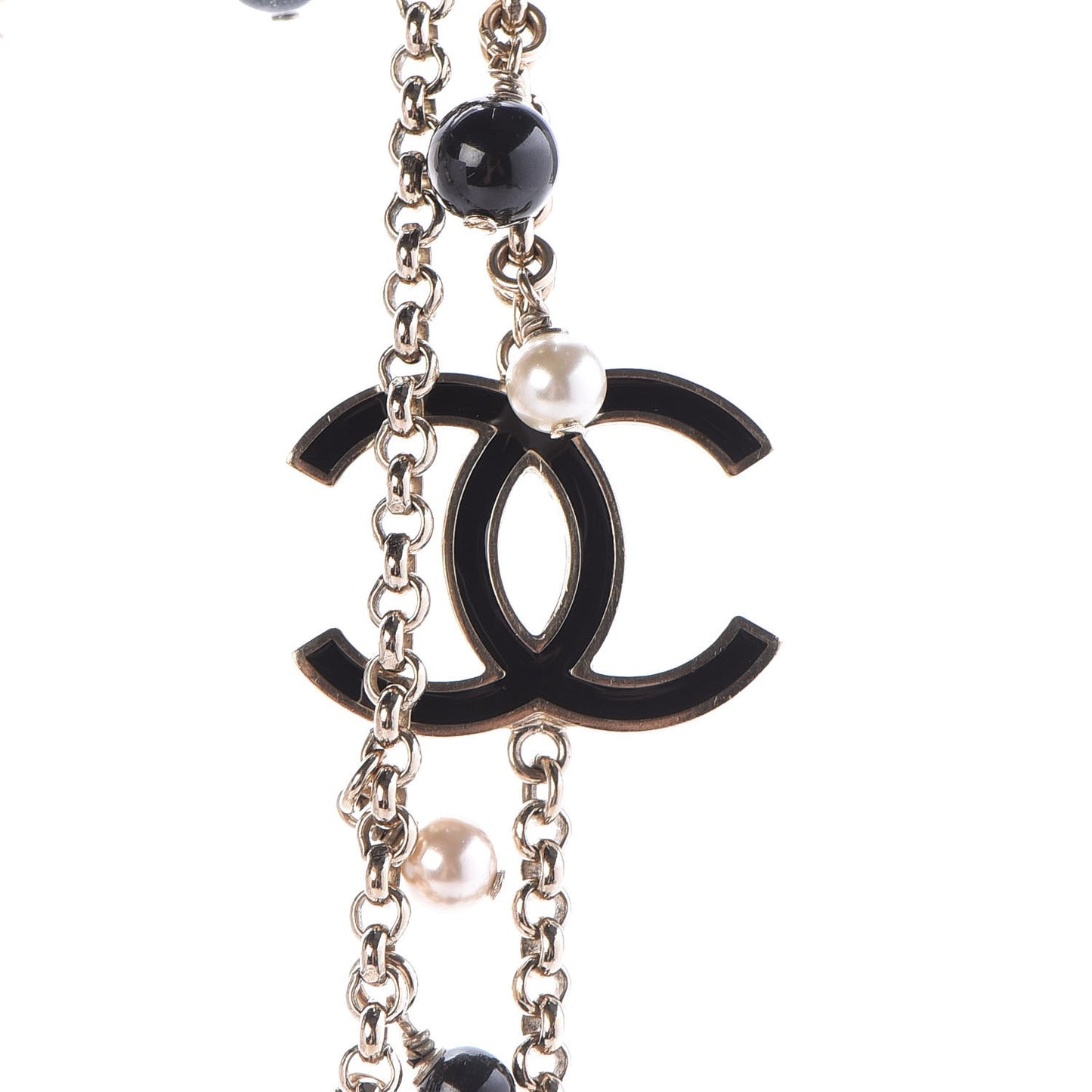 Pearl Beaded Enamel CC Coco Long Necklace Black Gold