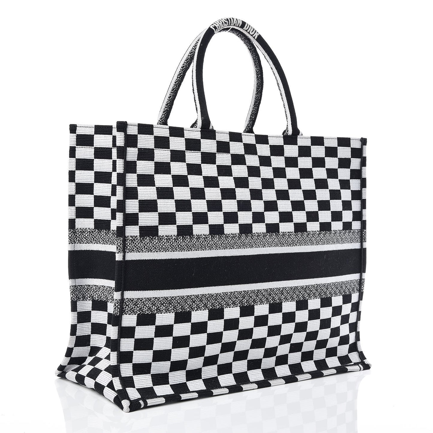 Canvas Embroidered Checkered Book Tote Black White