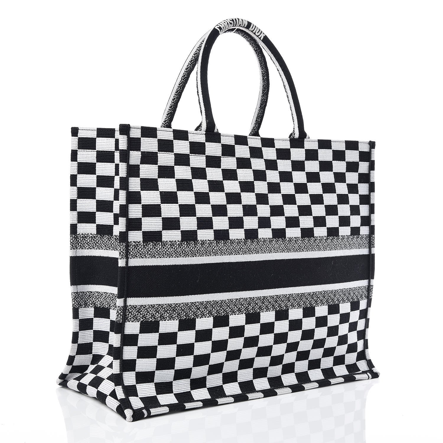 Christian Dior Canvas Embroidered Checkered Book Tote Black White 3 of 9