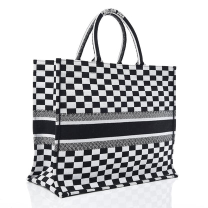 Christian Dior Canvas Embroidered Checkered Book Tote Black White 3 of 9