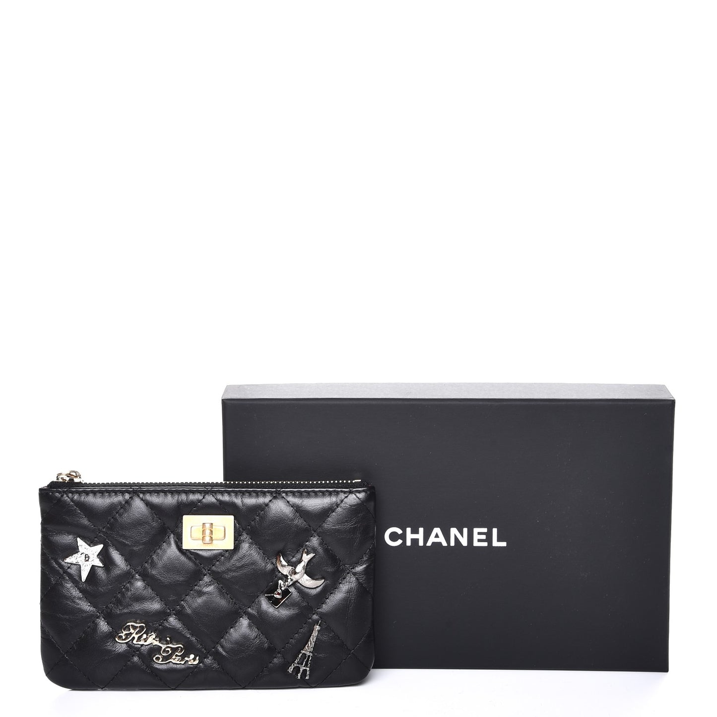 Aged Calfskin Quilted Small Lucky Charms Cosmetic Case Black