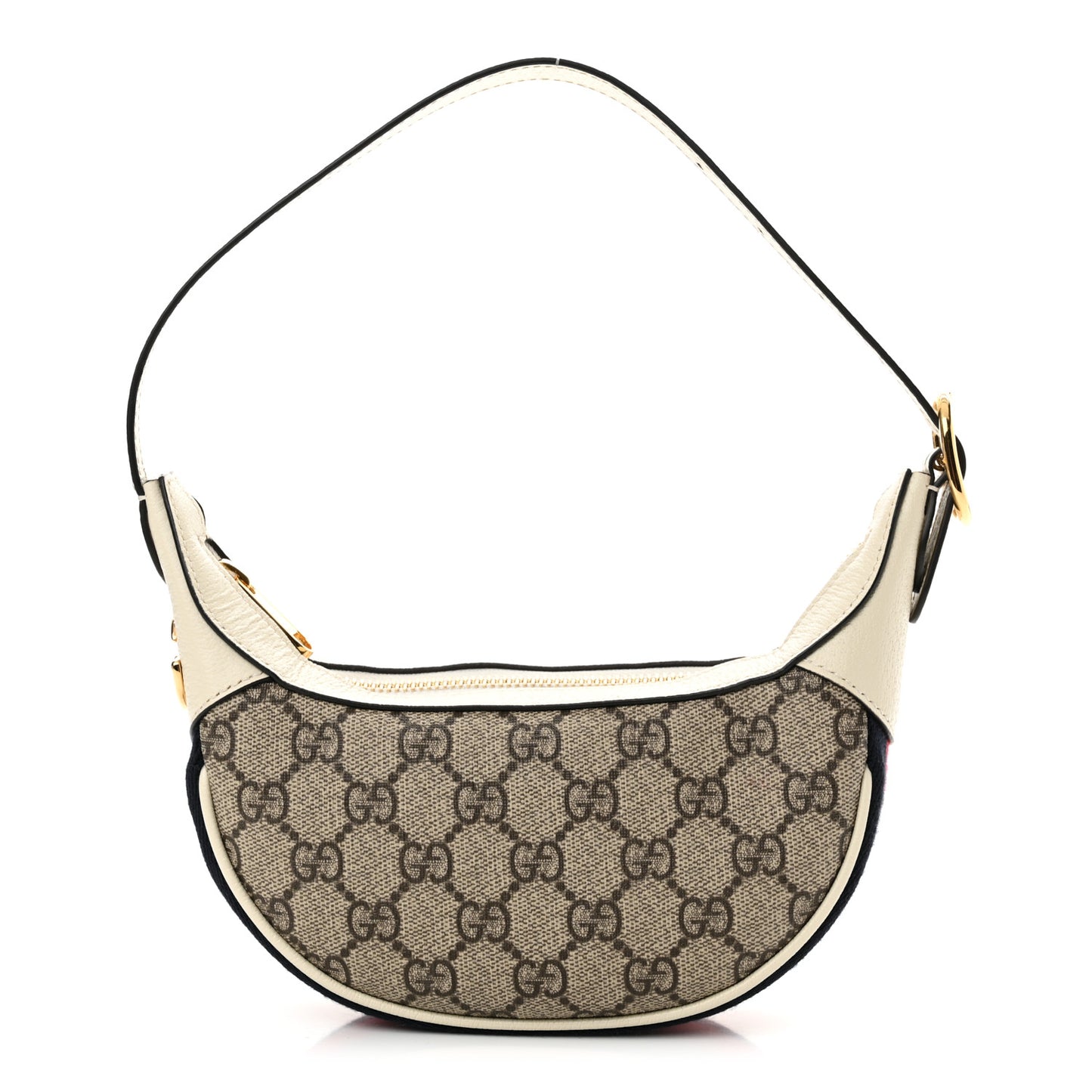 GG Supreme Monogram Textured Dollar Calfskin Web Mini Ophidia Half Moon Hobo Beige Ebony Mystic White