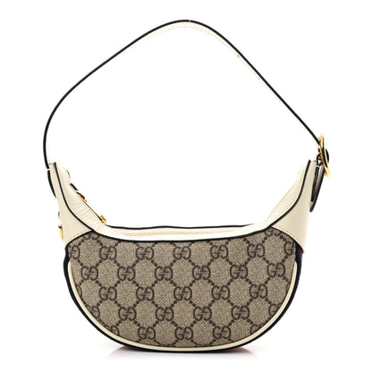 Gucci GG Supreme Monogram Textured Dollar Calfskin Web Mini Ophidia Half Moon Hobo Beige Ebony Mystic White 1 of 10