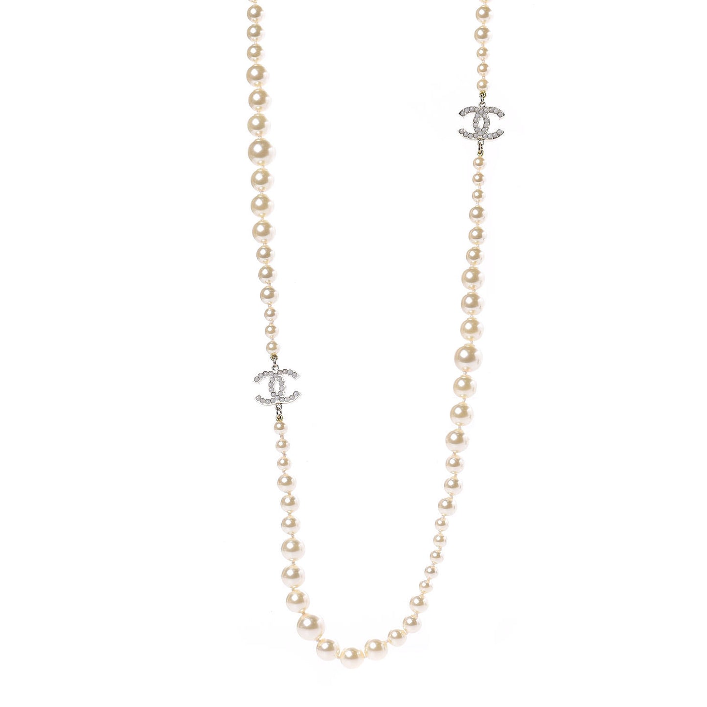 Graduated Pearl CC Long Necklace Light Gold