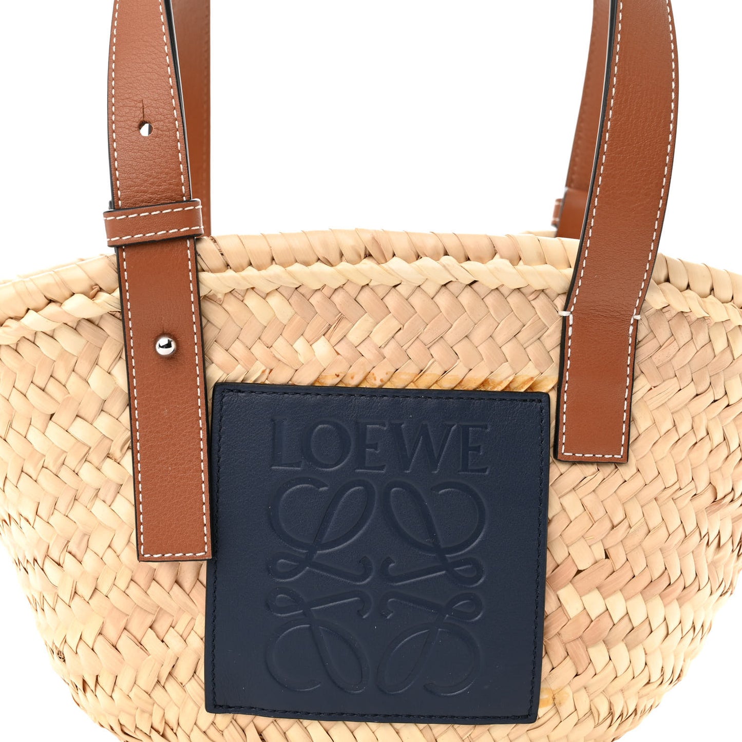 Raffia Small Basket Tote Bag Natural Tan Navy