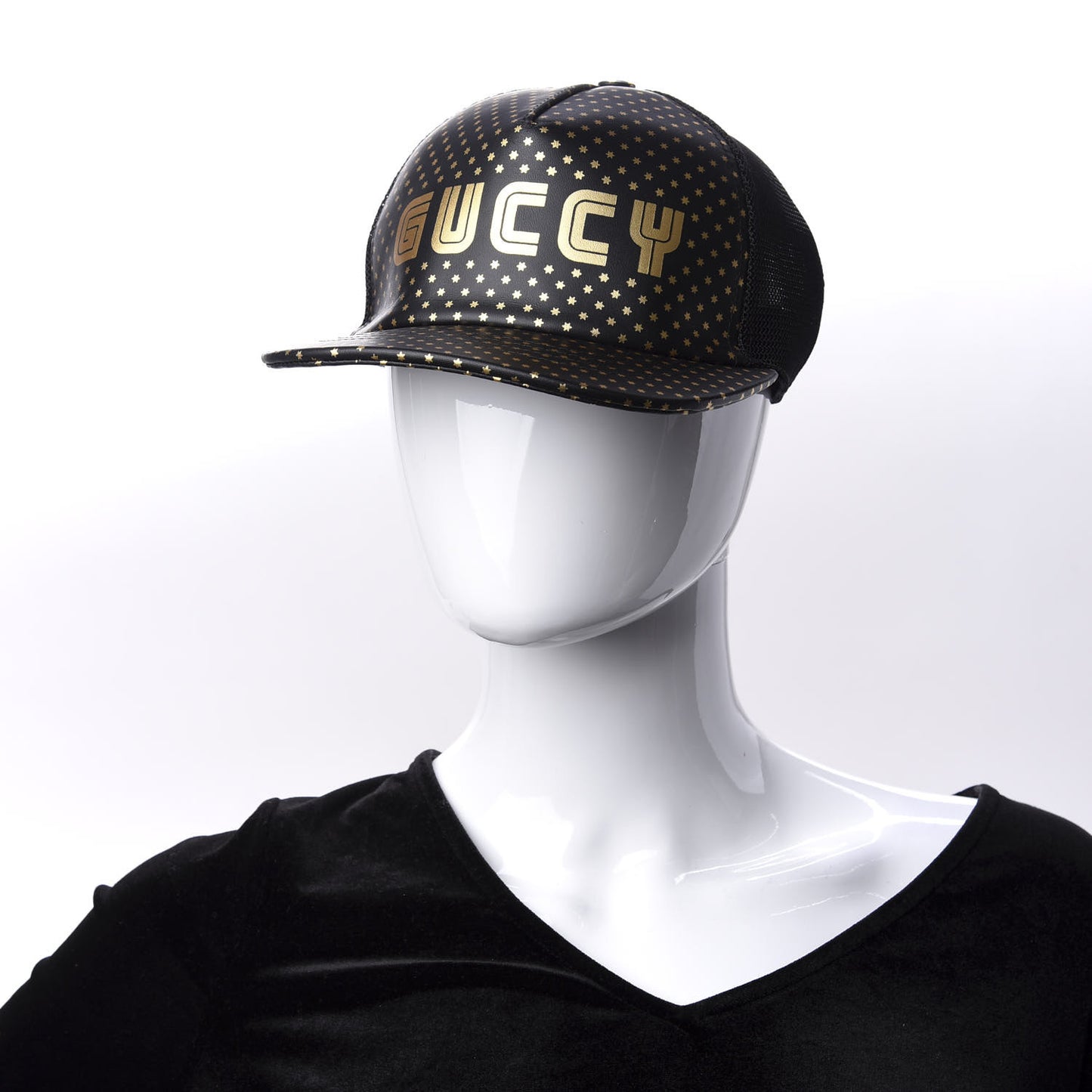 X SEGA Calfskin GUCCY Stars Baseball Hat S Black Gold