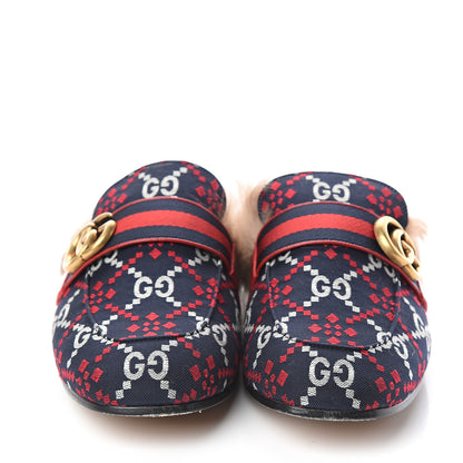 Gucci Canvas GG Monogram Diamond Fur Web GG Mens Princetown Slippers 7.5 Midnight Blue Hibiscus Red 2 of 9