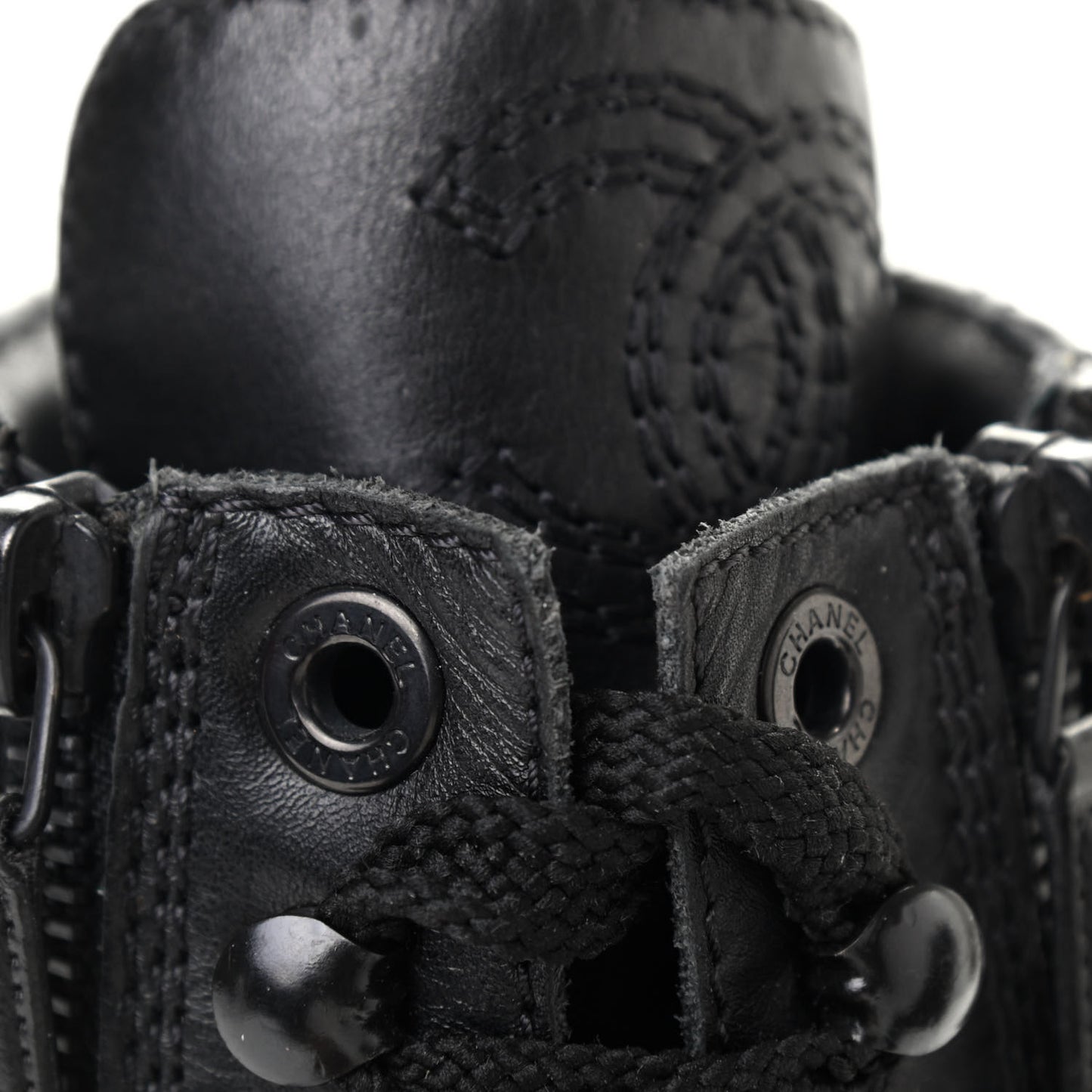 Calfskin Quilted Lace Up Combat Boots 36.5 Black