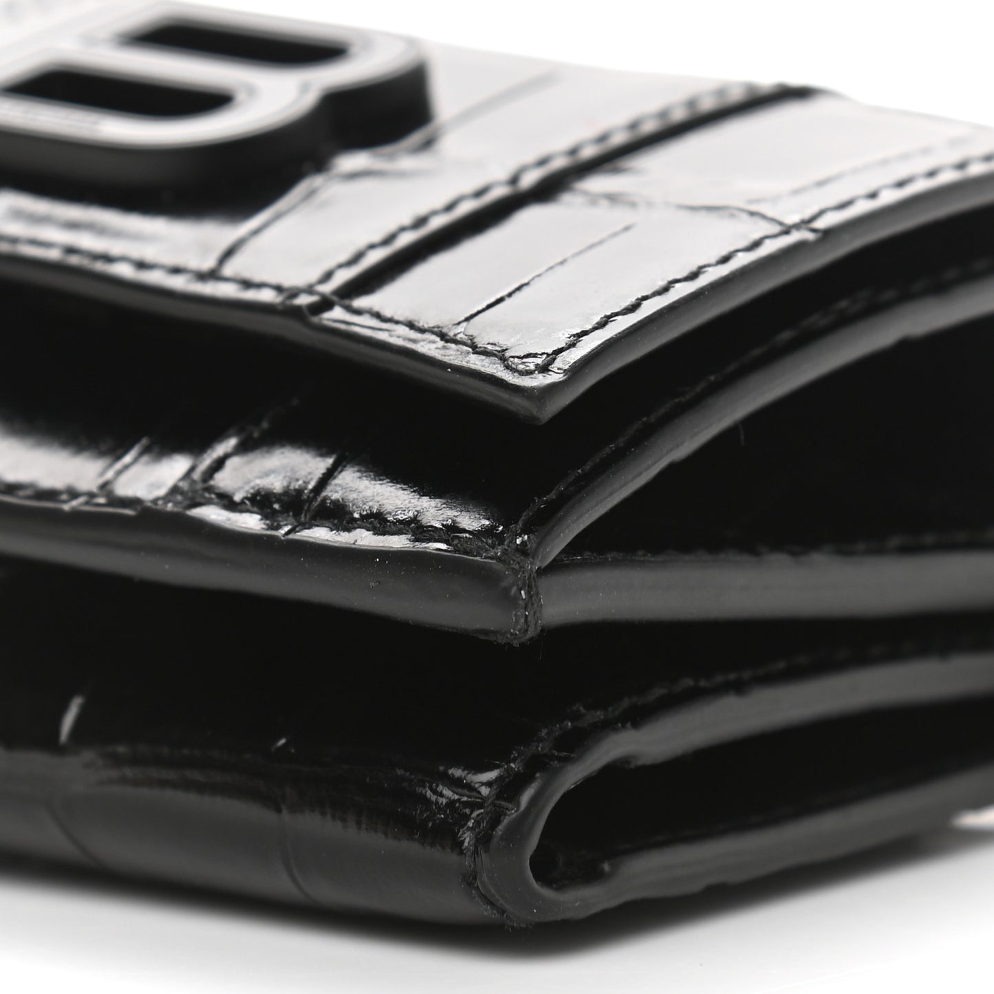 Shiny Calfskin Monochrome Crocodile Embossed Mini Hourglass Wallet on Chain Black