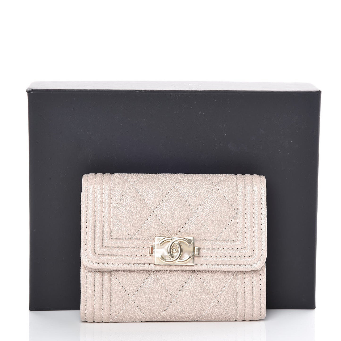 Iridescent Caviar Quilted Boy Card Holder Wallet Beige