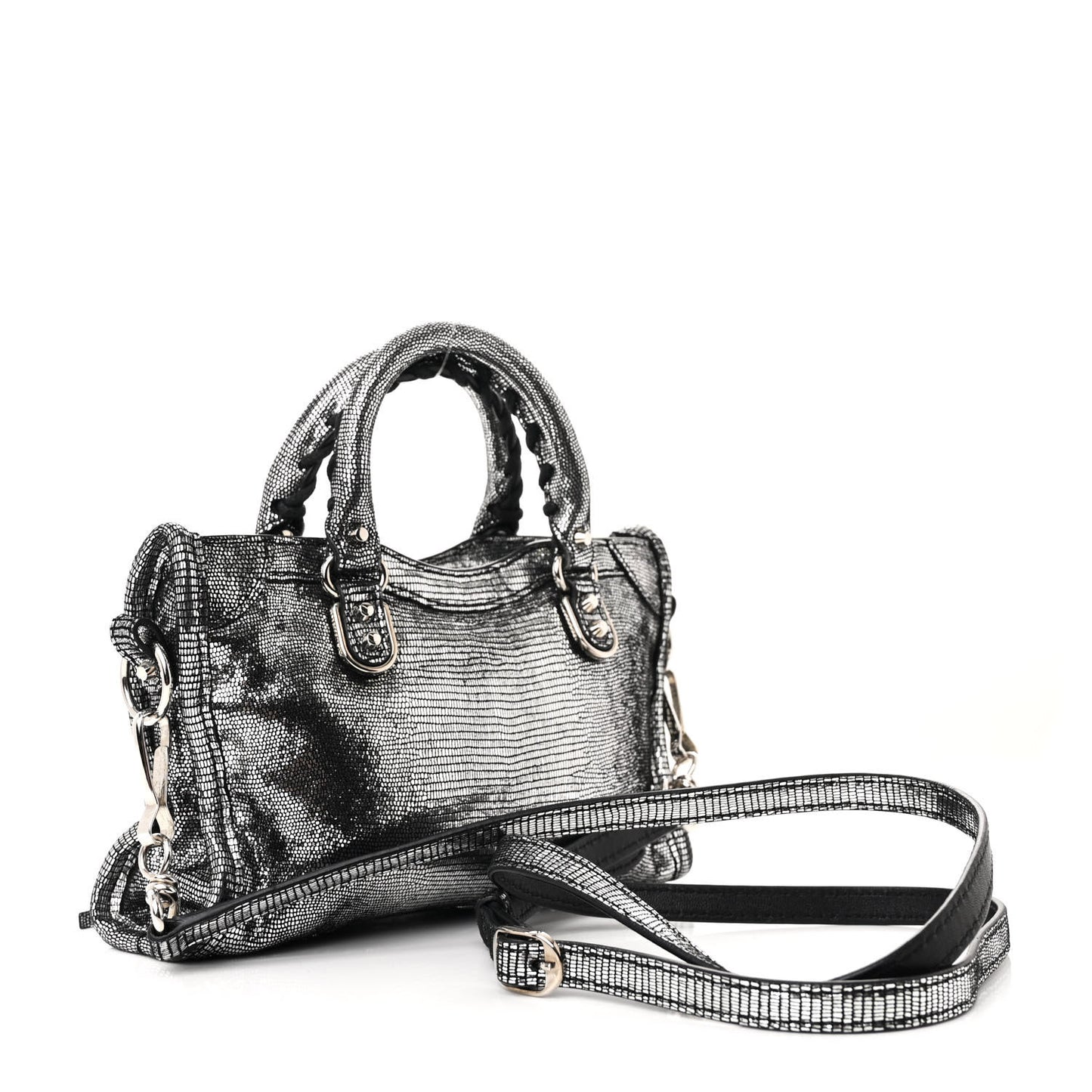 Metallic Calfskin Lizard Embossed Silver Metallic Edge Hardware Nano City Silver