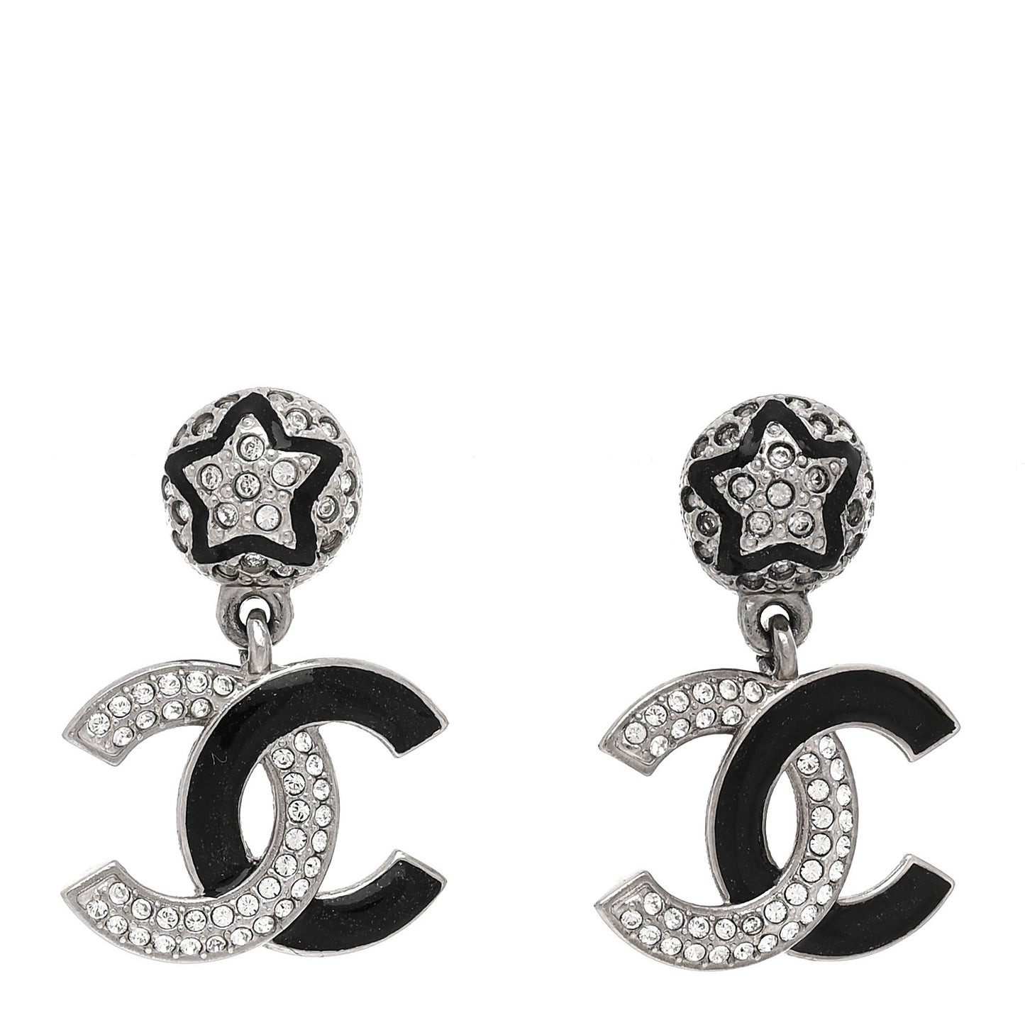 Crystal Enamel CC Star Drop Earrings Silver Black