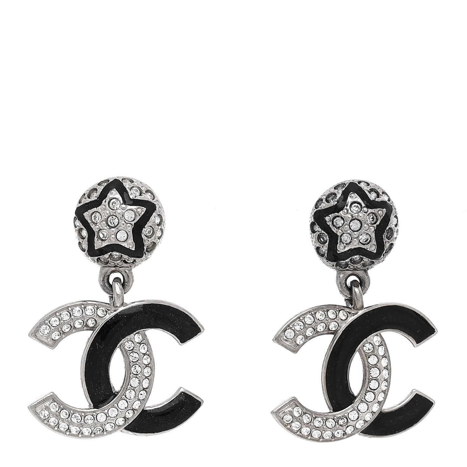 Chanel Crystal Enamel CC Star Drop Earrings Silver Black 1 of 5