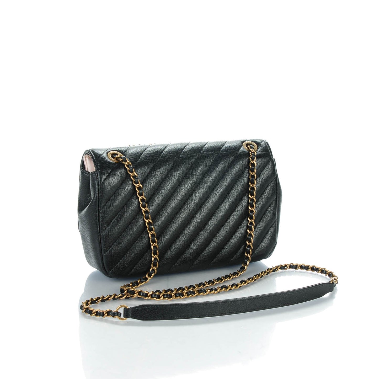 Shiny Goatskin Diagonal Quilted Smalll Flap Black