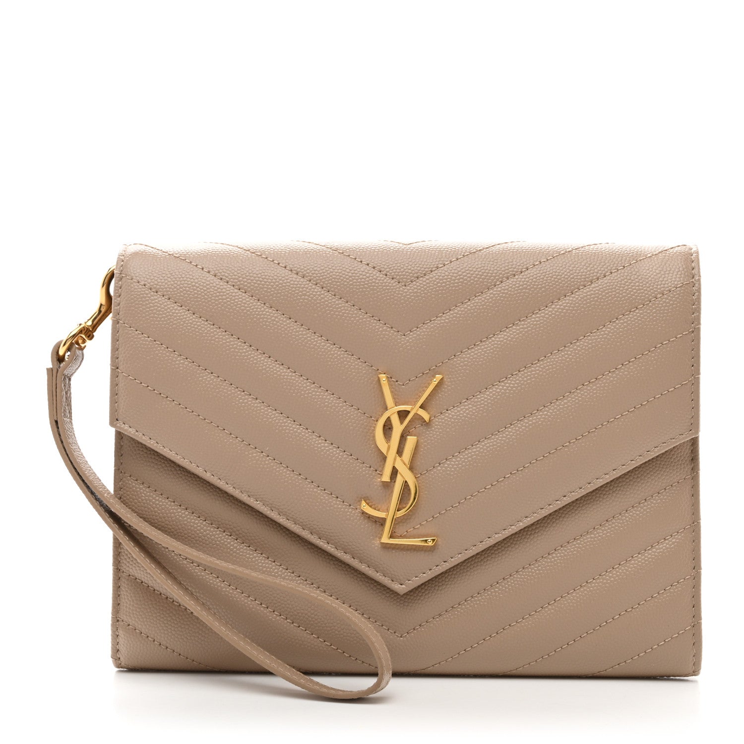 Saint Laurent Grain De Poudre Matelasse Chevron Monogram Envelope Clutch Dark Beige 1 of 8