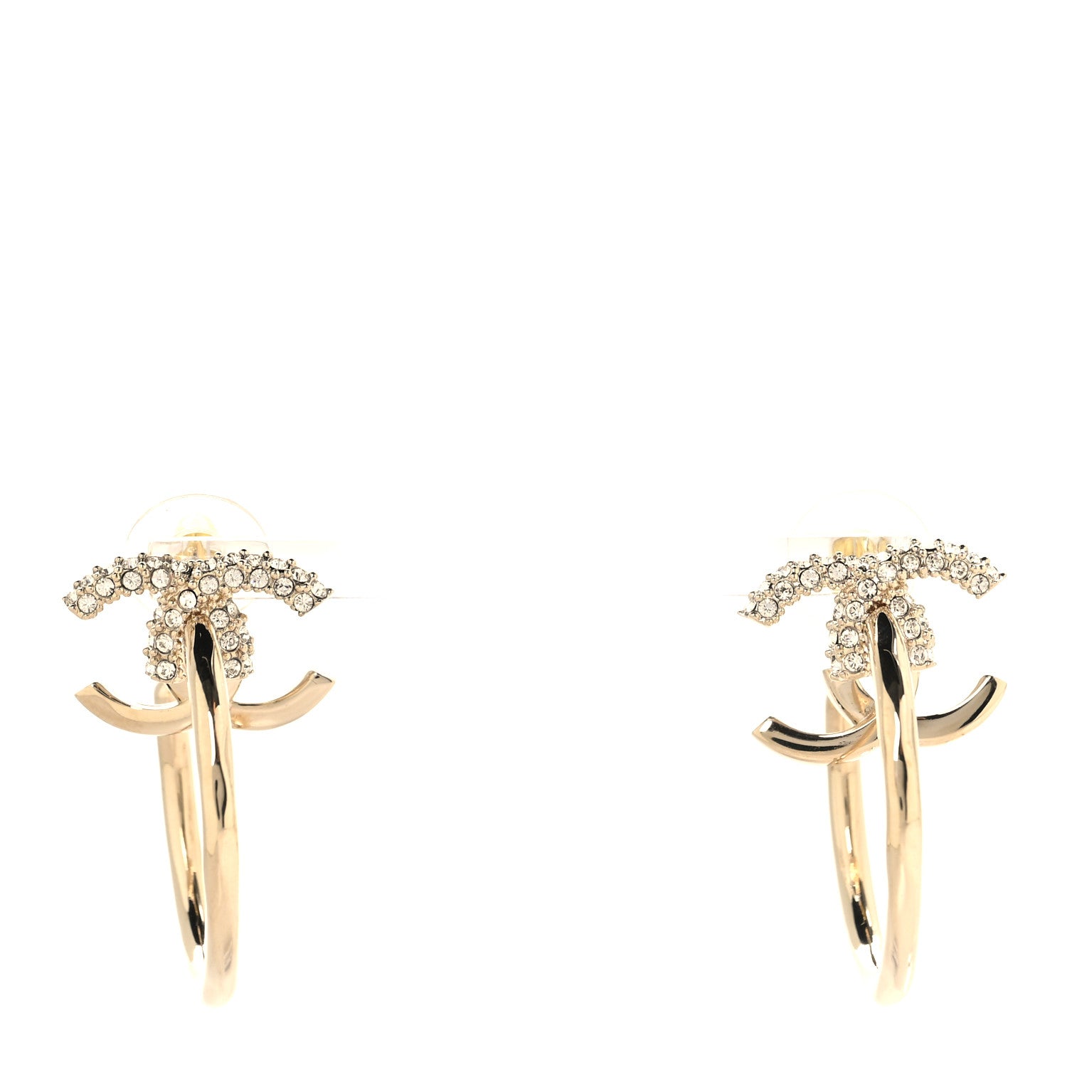 Chanel Crystal CC Hoop Drop Earrings Light Gold 1 of 4