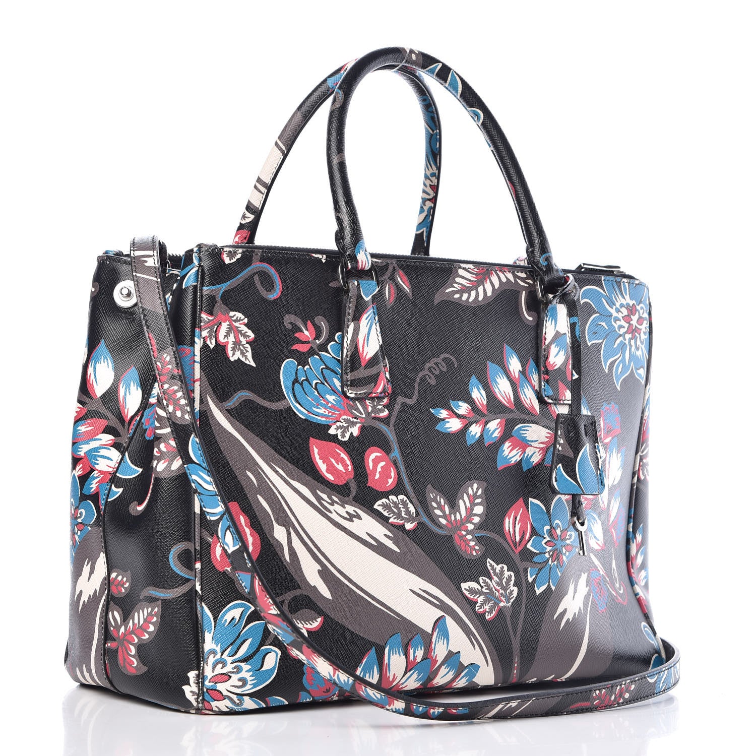 Prada Saffiano Floral Print Galleria Front Pocket Tote Black Multicolor 4 of 11