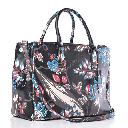 Prada Saffiano Floral Print Galleria Front Pocket Tote Black Multicolor 4 of 11