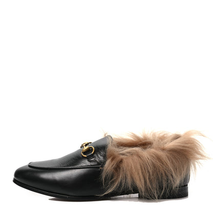 Gucci Malaga Kid Fur Womens Jordaan Loafers 37 Black Natural 1 of 8
