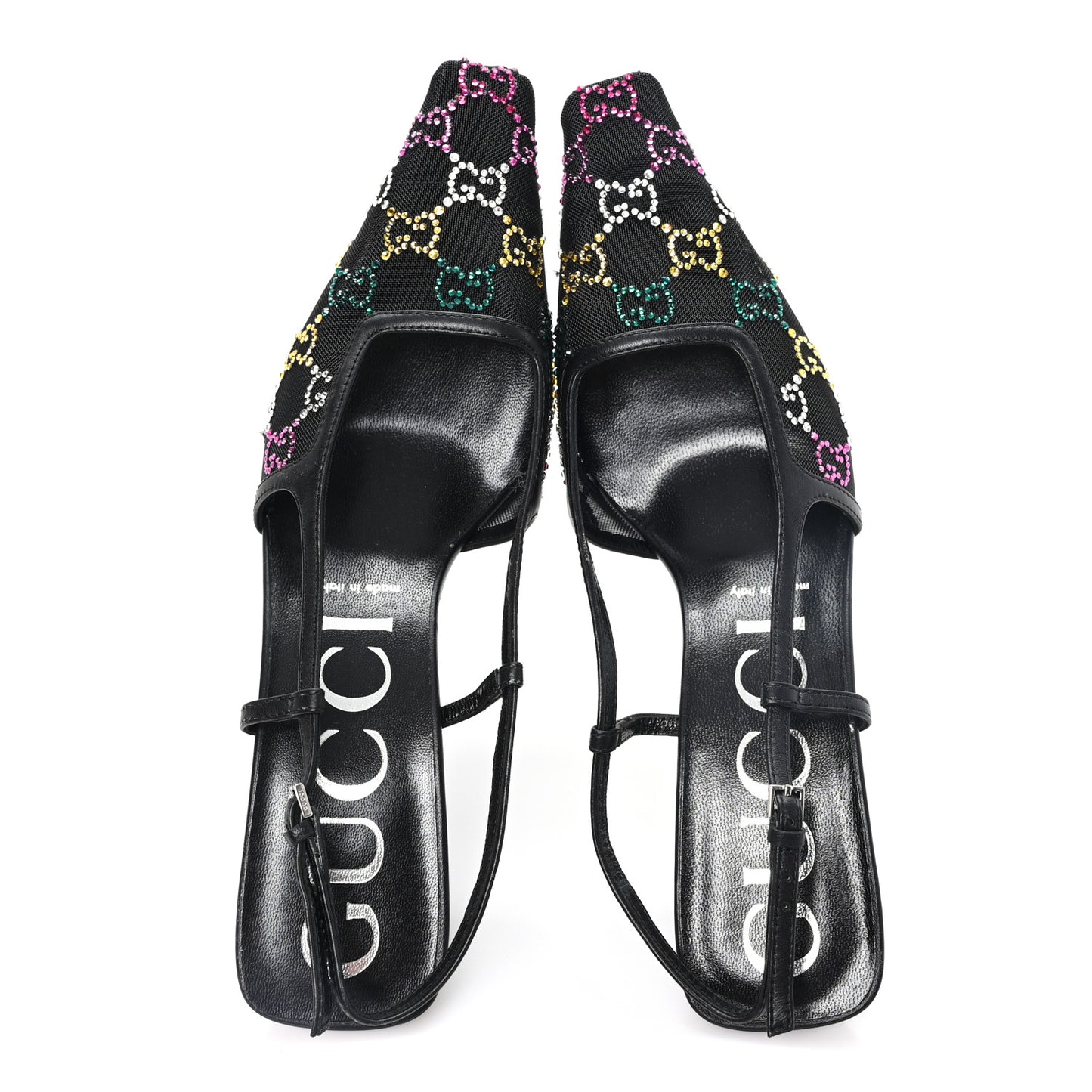 Tela Retino Nappa Charlotte Crystal GG Monogram Square G 75mm Slingback Pumps 39.5 Black