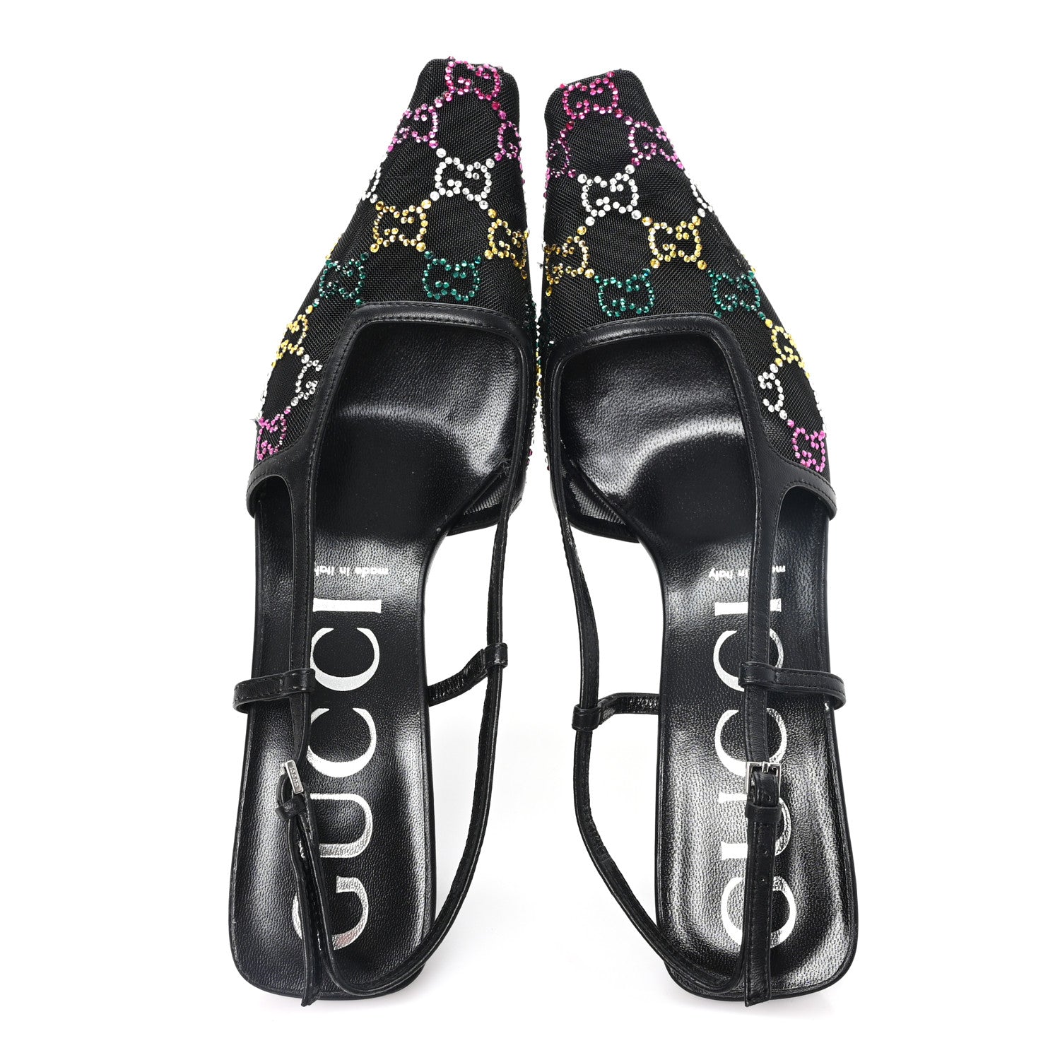 Gucci Tela Retino Nappa Charlotte Crystal GG Monogram Square G 75mm Slingback Pumps 39.5 Black 2 of 9