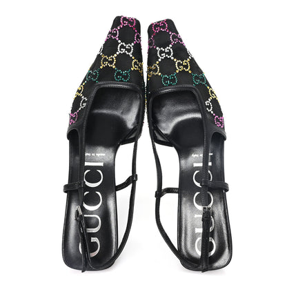 Gucci Tela Retino Nappa Charlotte Crystal GG Monogram Square G 75mm Slingback Pumps 39.5 Black 2 of 9