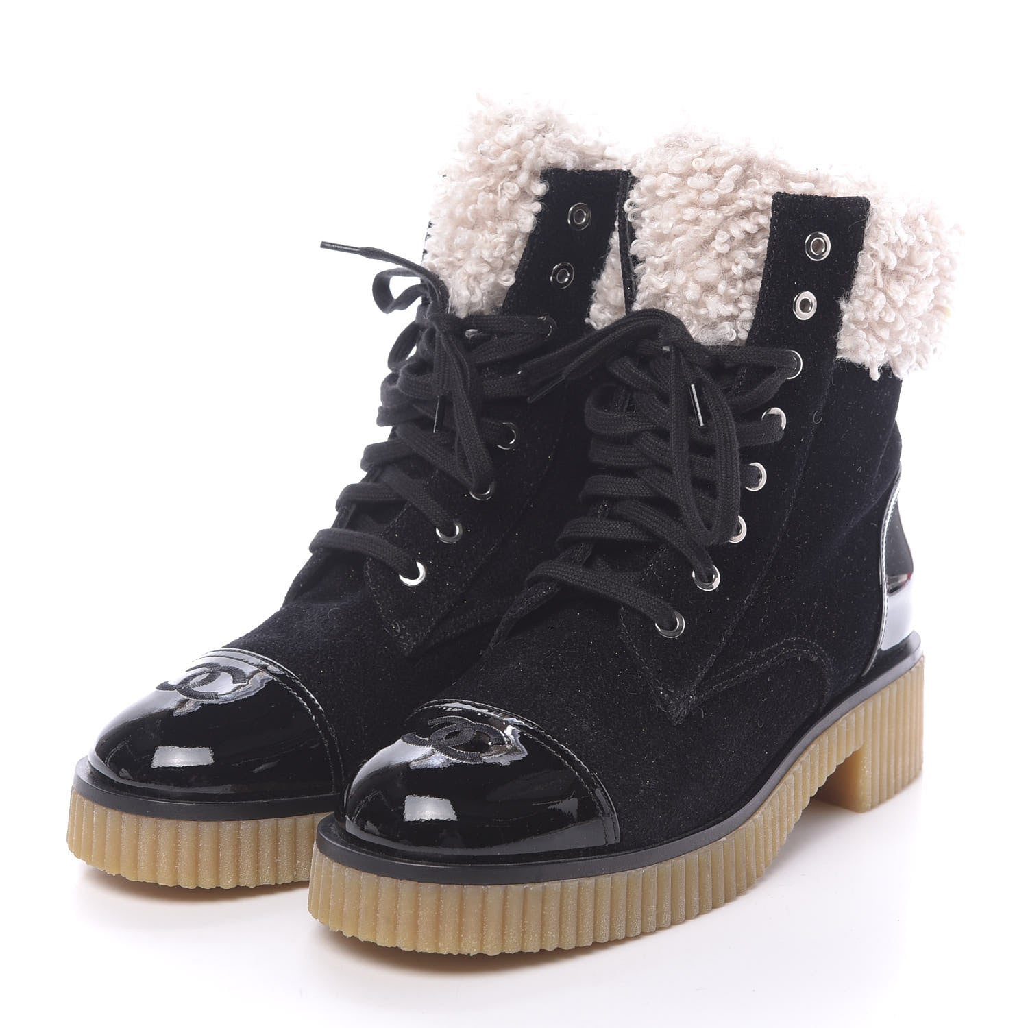 Chanel Calfskin Patent Fabric Lace Up Cap Toe CC Boots 39.5 Black Ivory 3 of 9