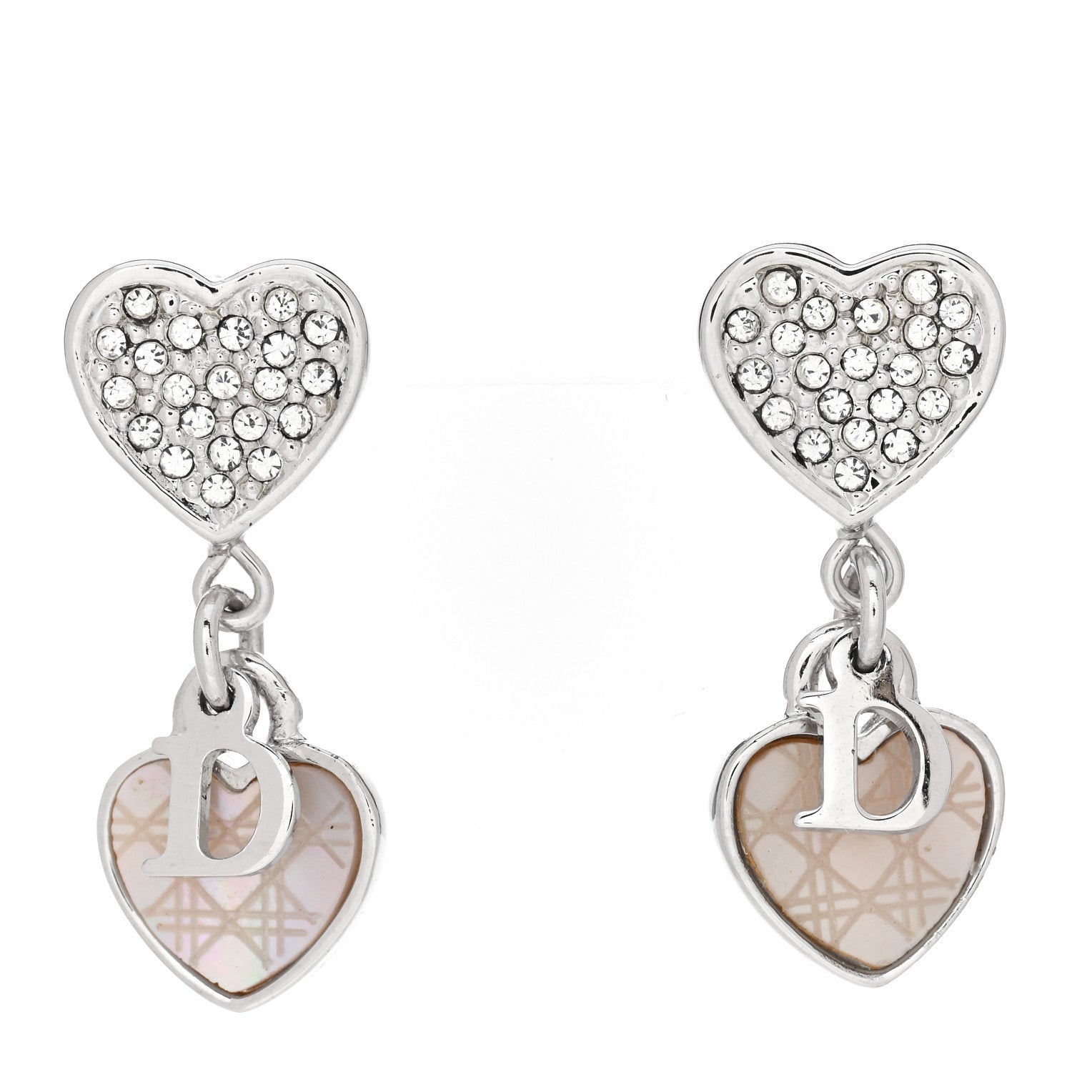 Christian Dior Crystal Cannage Heart Drop Earrings Silver 1 of 4