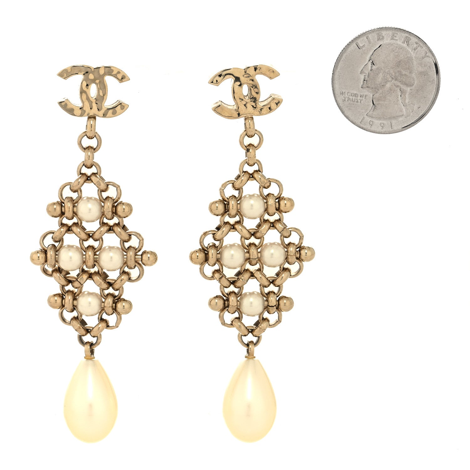 Chanel CC Pearl Drop Earrings Gold 2 of 4
