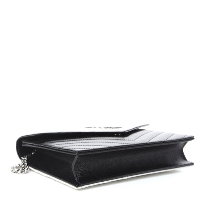Saint Laurent Grain De Poudre Matelasse Chevron Monogram Envelope Chain Wallet Pearl White Black 4 of 8