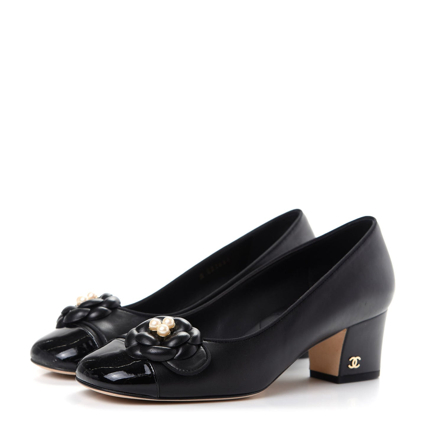 Lambskin Patent Calfskin Pearl Camellia Cap Toe Pumps 37 Black