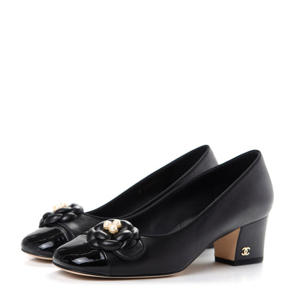 Chanel Lambskin Patent Calfskin Pearl Camellia Cap Toe Pumps 37 Black 3 of 11