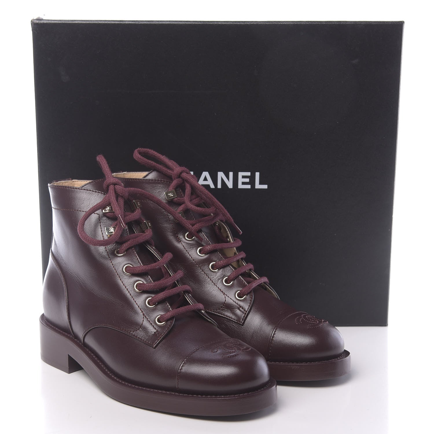 Chanel Calfskin Lace Up CC Short Boots 36.5 Burgundy 9 of 9