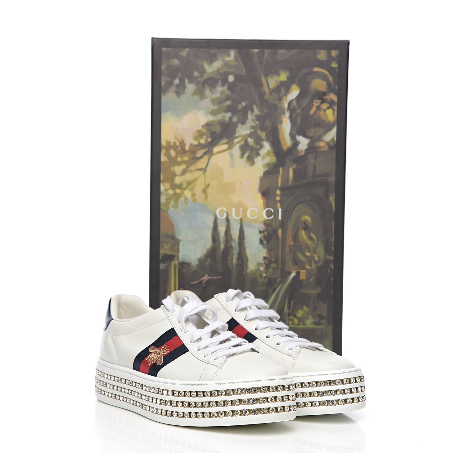 Calfskin Crystal Web Bee Embroidered Womens Ace Platform Sneakers 36 White