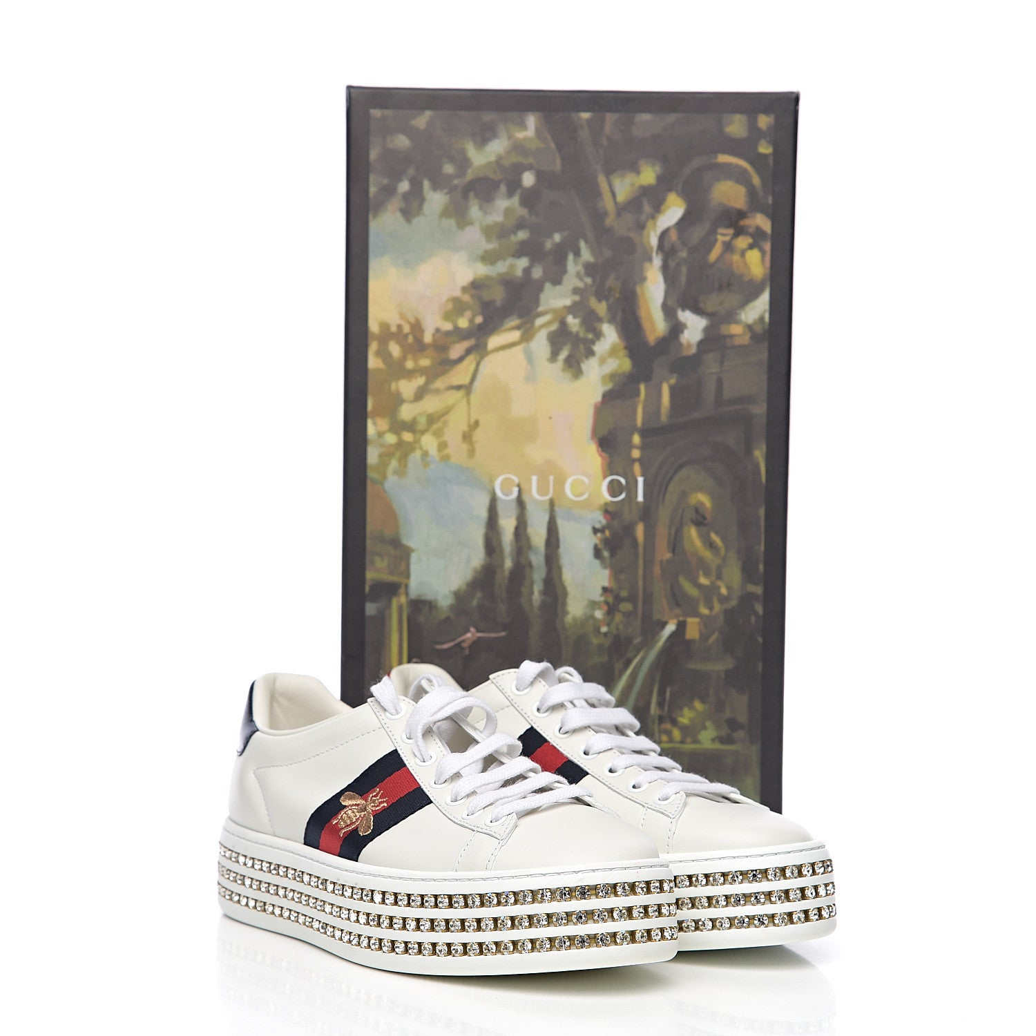 Gucci Calfskin Crystal Web Bee Embroidered Womens Ace Platform Sneakers 36 White 10 of 10